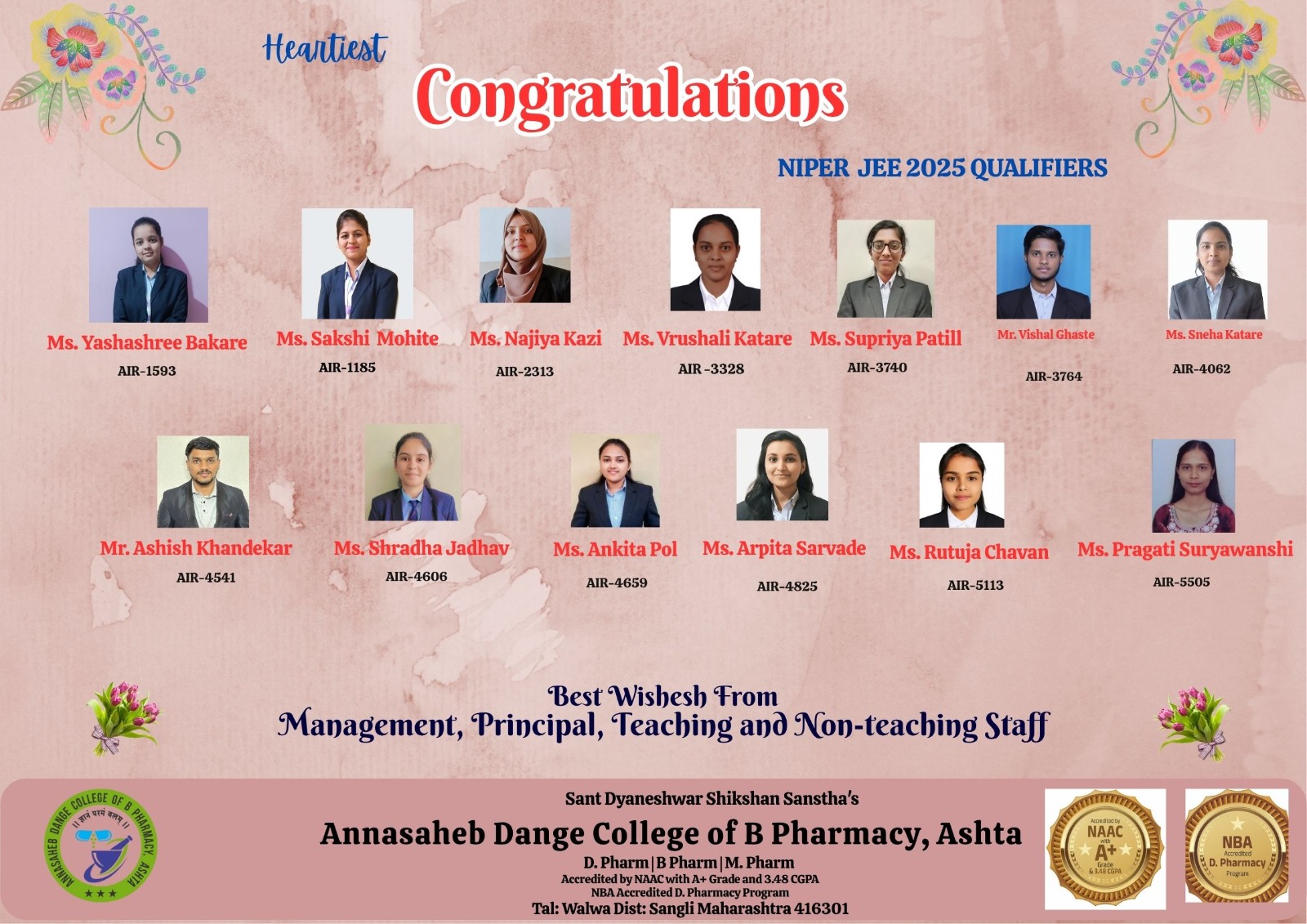 Heartiest Congratulations to NIPER JEE 2025 Qualifiers 