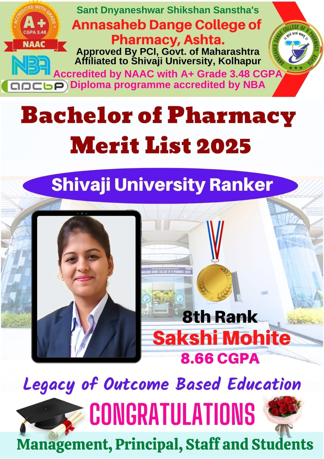 Congratulations to Sakshi Mohite for achieving 8th Rank in Shivaji University B. Pharmacy Merit List 2025
