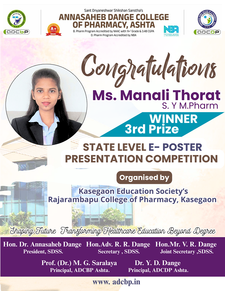 S.Y. M.Pharm student Miss. Manali Thorat won third prize in national level e-poster presentation competition