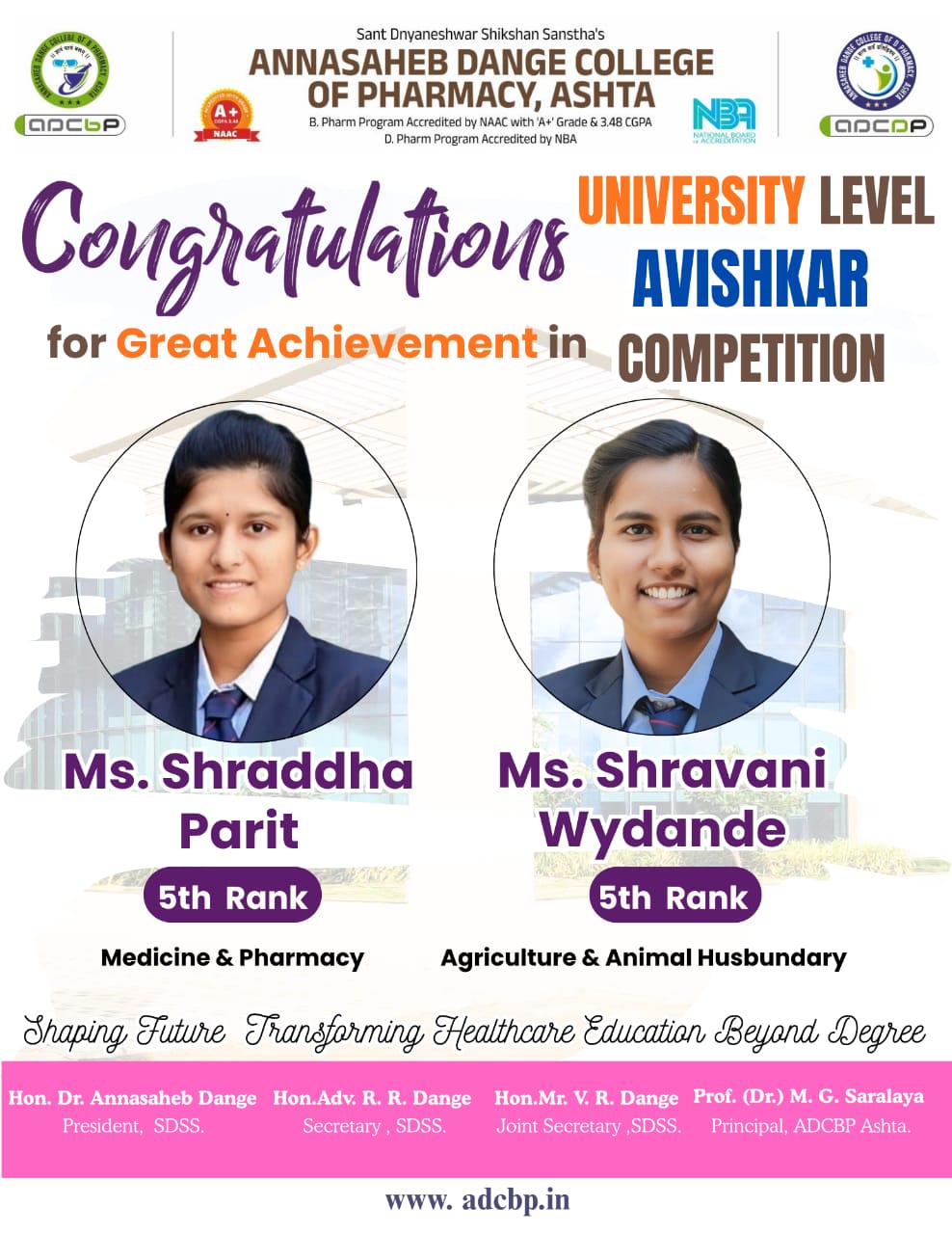 Two Avishkar Prizes for Annasaheb Dange College in Medicine, Pharmacy and Agriculture