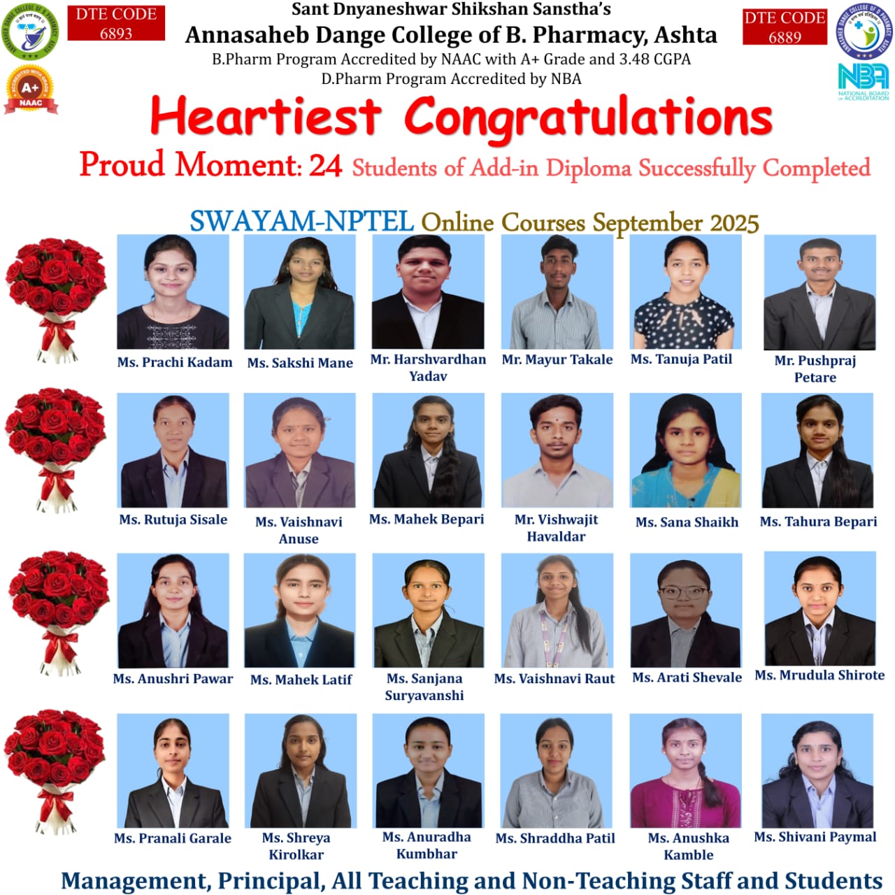“Proud Achievement in SWAYAM–NPTEL: 24 Students Of Diploma Successfully Complete NPTEL Course ”