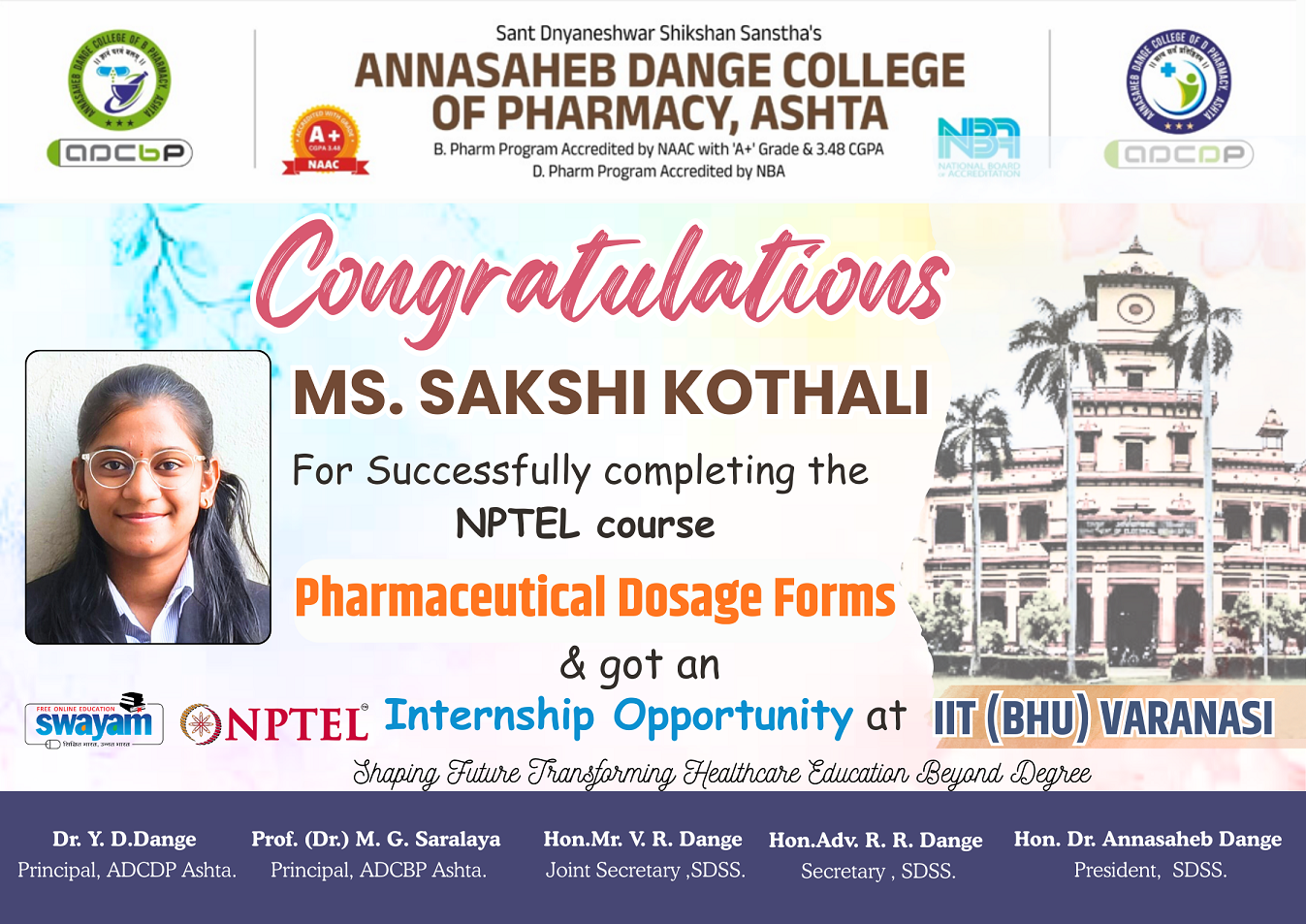 Ms. Sakshi Kothali got an Internship opprtunity at IIT - BHU varanasi