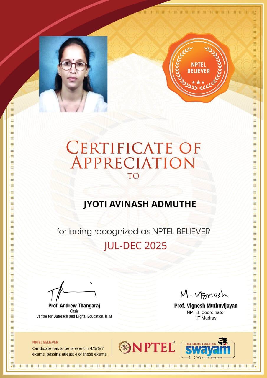 Heartiest Congratulations to Mrs. Jyoti Admuthe Madam being recognized by NPTEL as NPTEL star