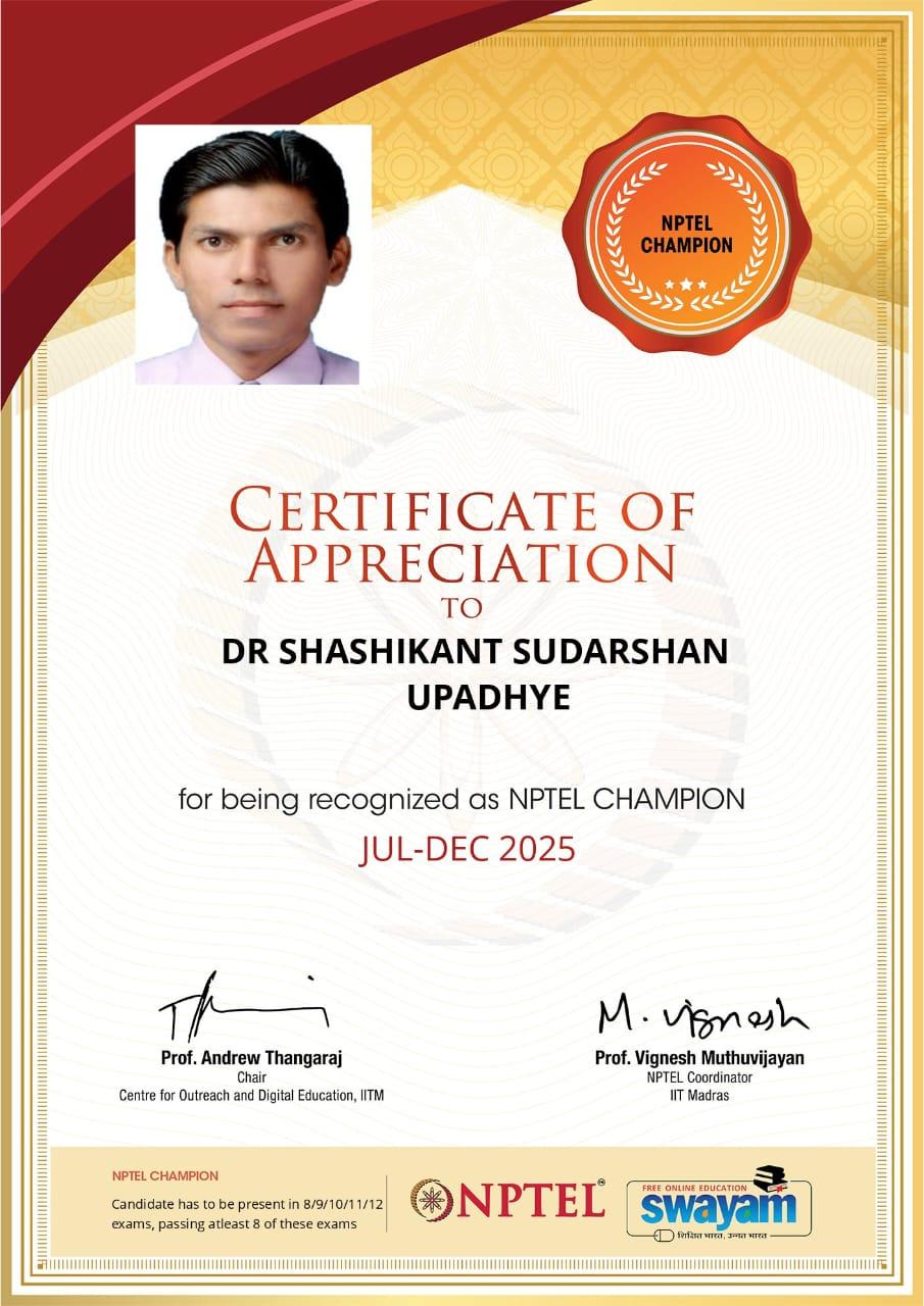 Dr. S. S. Upadhye - The First  Nptel Champion from Pharmacy Discipline  in July-Dec 2025 Semester. 