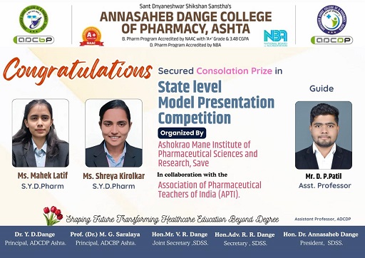 Heartiest Congratulations to our Second Year D. Pharm students of Add-in Diploma, Ms. Mehek Latif and Ms. Shreya Kirolkar , for securing a Consolation Prize in the State Level Model Presentation Compe