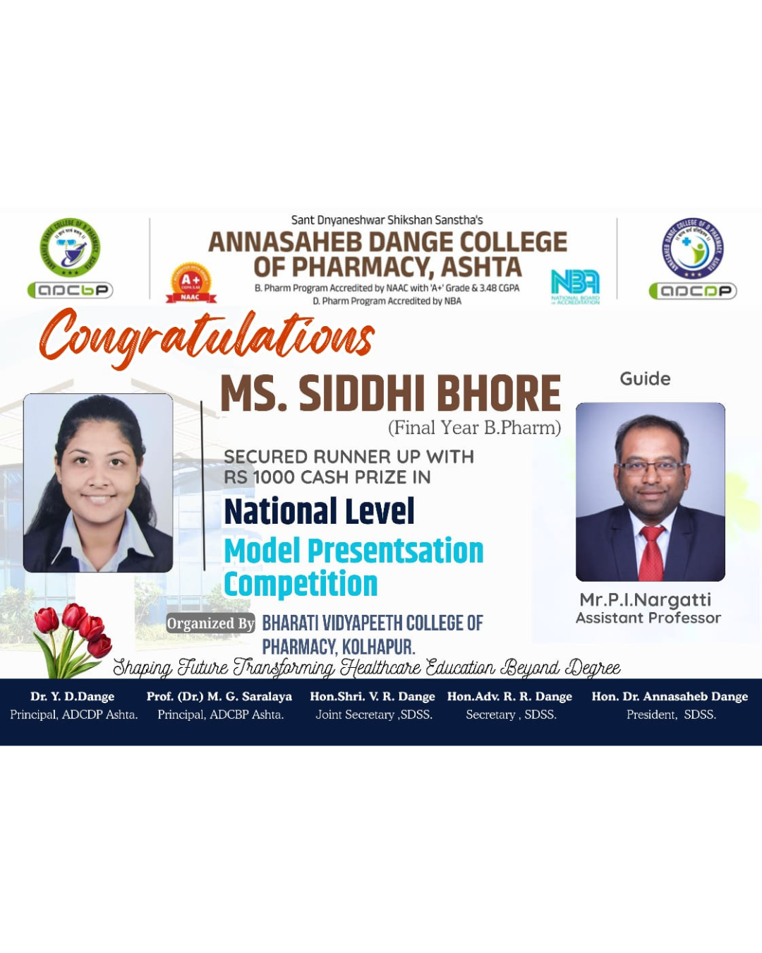 Heartiest Congratulations to Ms. Siddhi Bhore ( Final year B.Pharm  - Student) Secured Runner Up Prize in National Level Model Presentation Competition