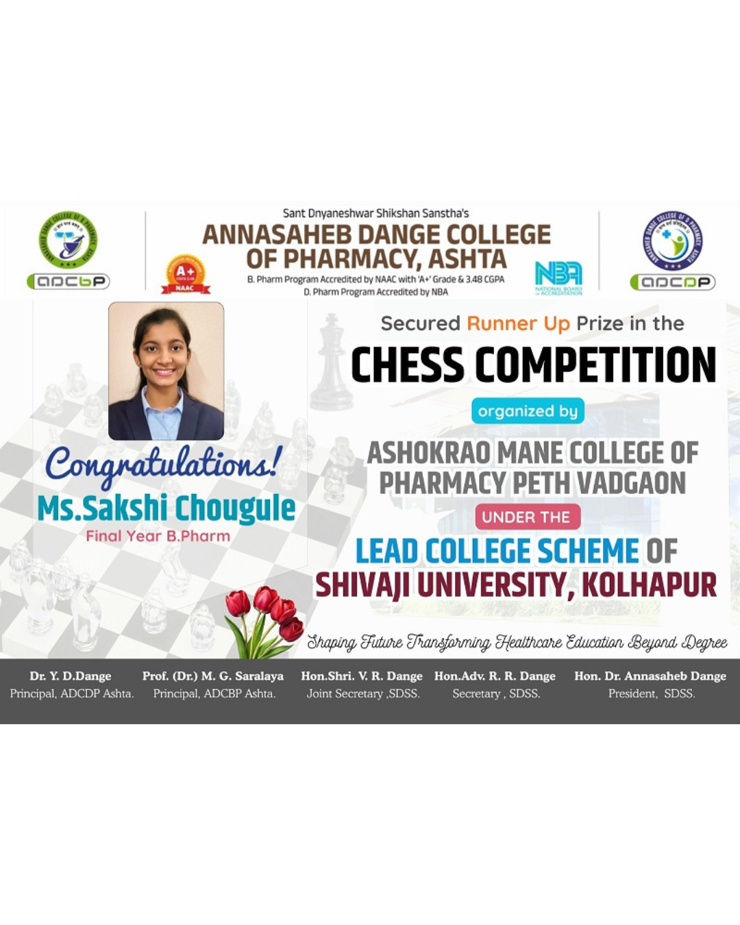 Heartily congratulations to Ms. Sakshi Chougule has won the runner-up prize in chess in SUK Sangli Zone lead Sports event.
