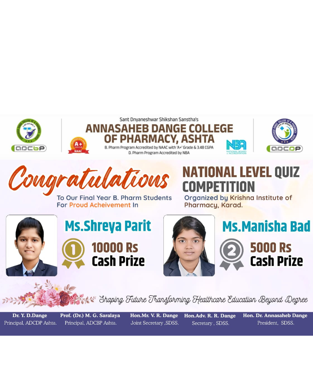 Proud Moment: Ms. Shreya Parit & Ms. Manisha Bad Secure Top Ranks at National Quiz