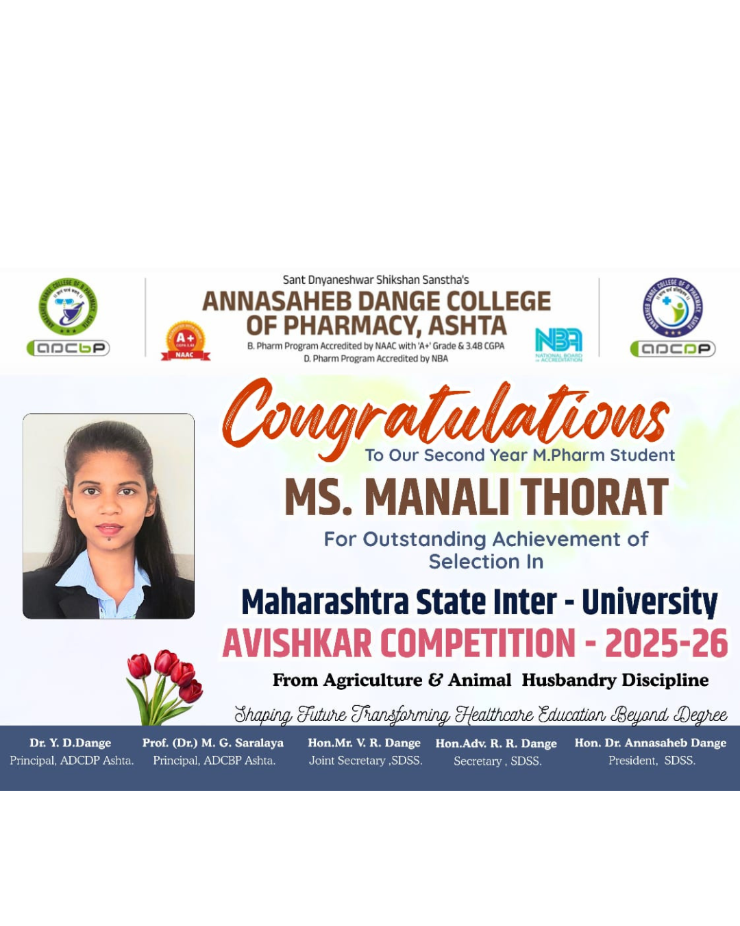 Proud Achievement: Ms. Manali Thorat Selected for State-Level Avishkar Competition