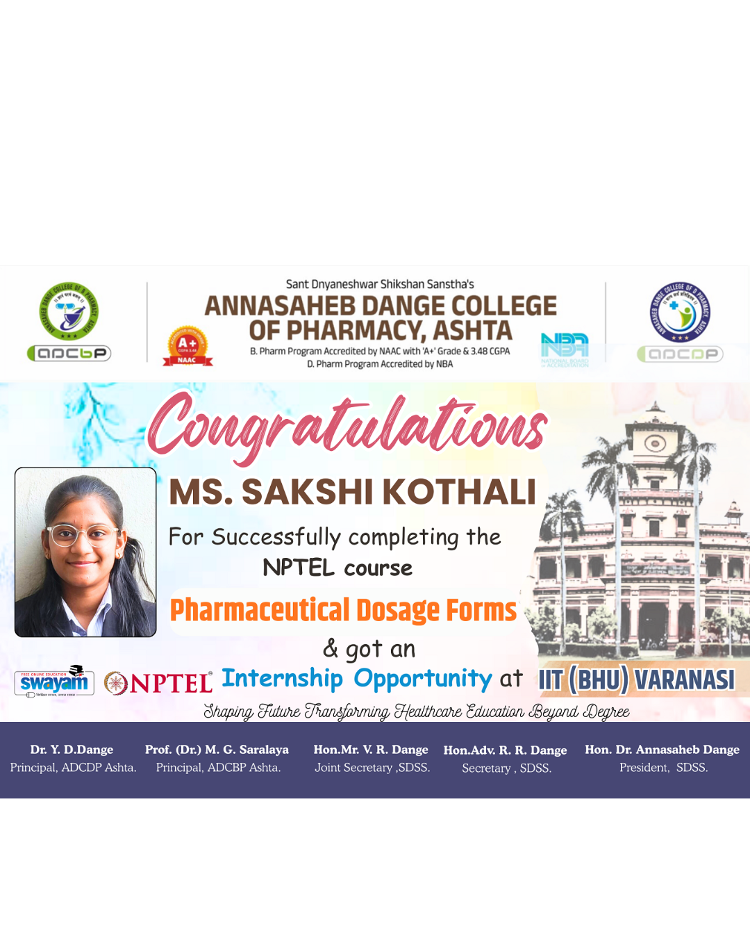 Ms. Sakshi Kothali got an Internship opprtunity at IIT - BHU varanasi