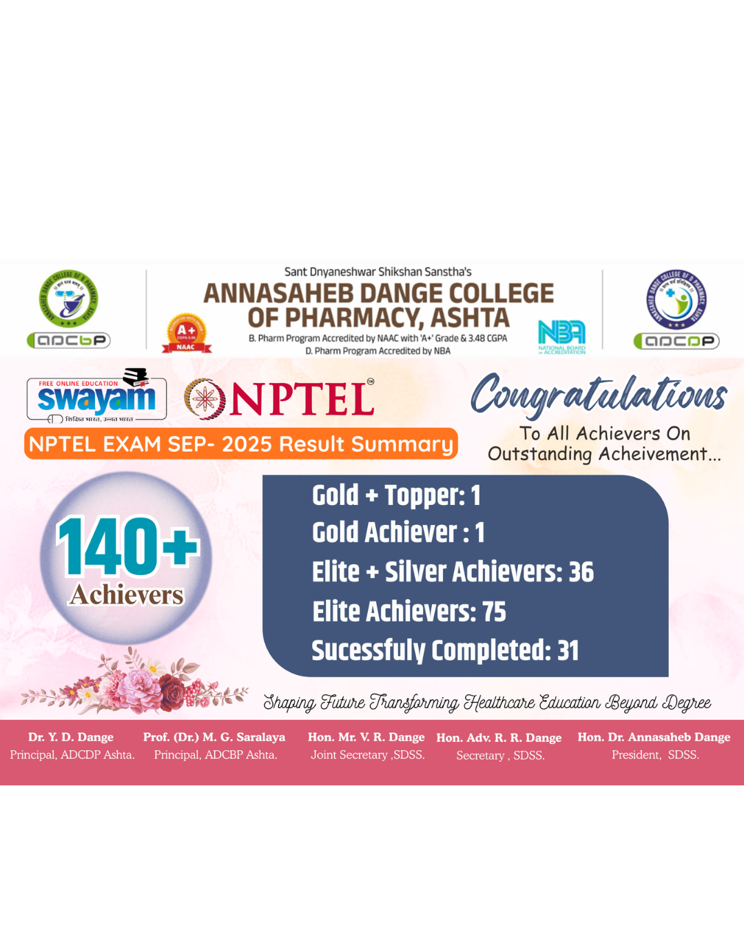 “Outstanding NPTEL Success in July - Decemeber semester by ADCBP Ashta ”