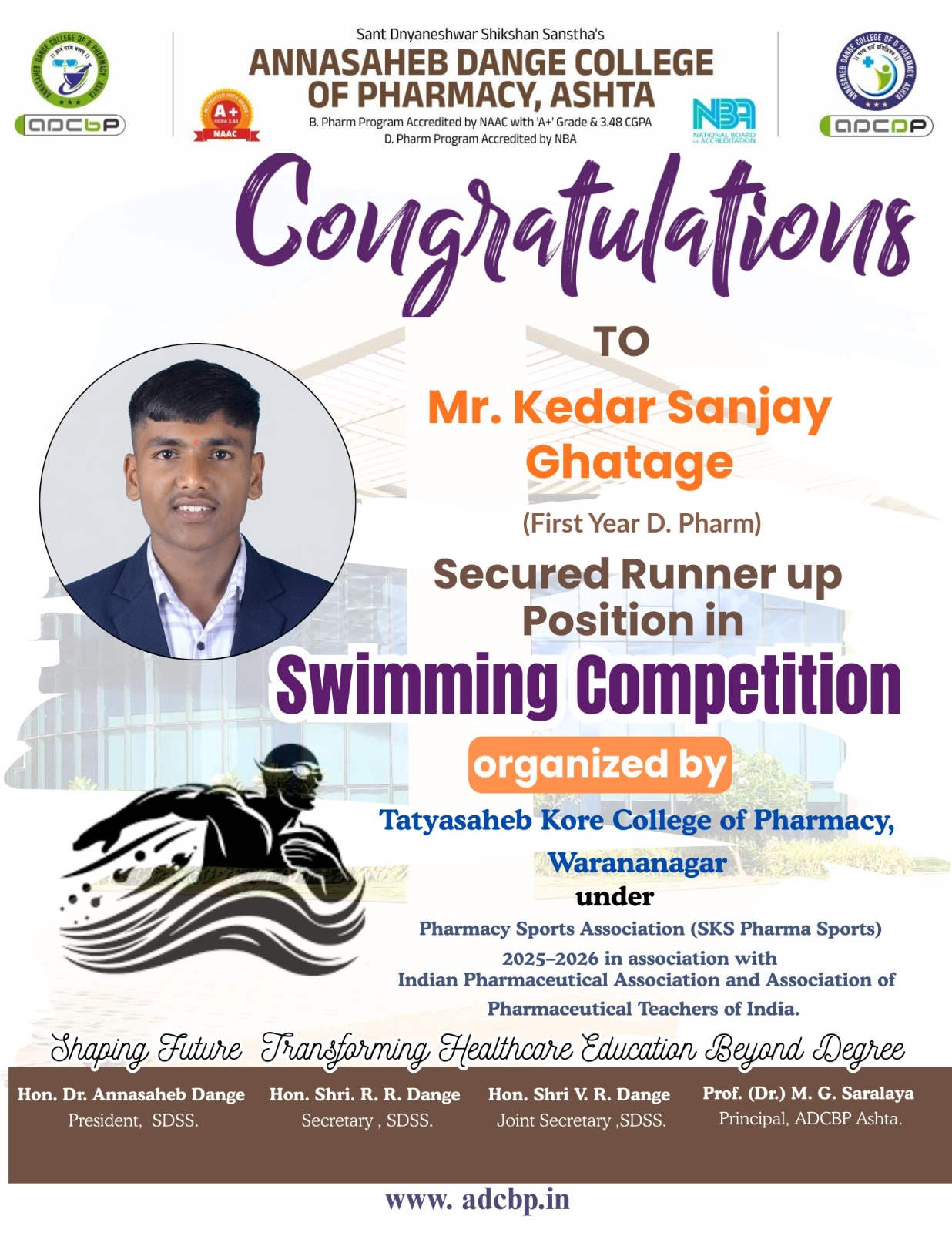 Heartiest Congratulations: Mr. Kedar Sanjay Ghatage , for securing the Runner-Up position in the Swimming Competition