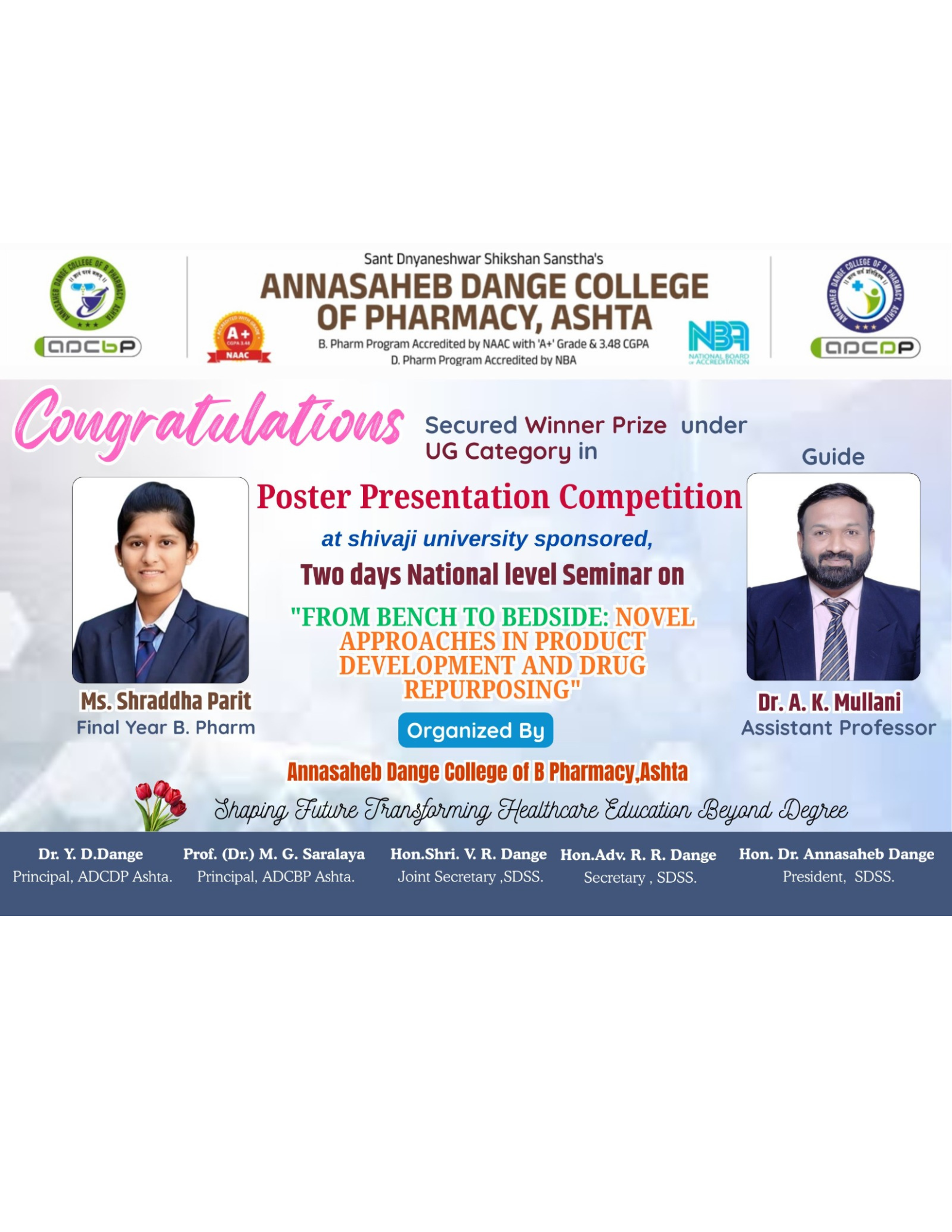 Heartiest Congratulations to Shraddha Parit: Secured Winner Prize in poster presentation competition