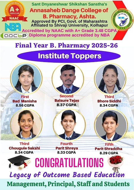 Heartiest Congratulations - B Pharm Final Year institute Rankers 2025-26