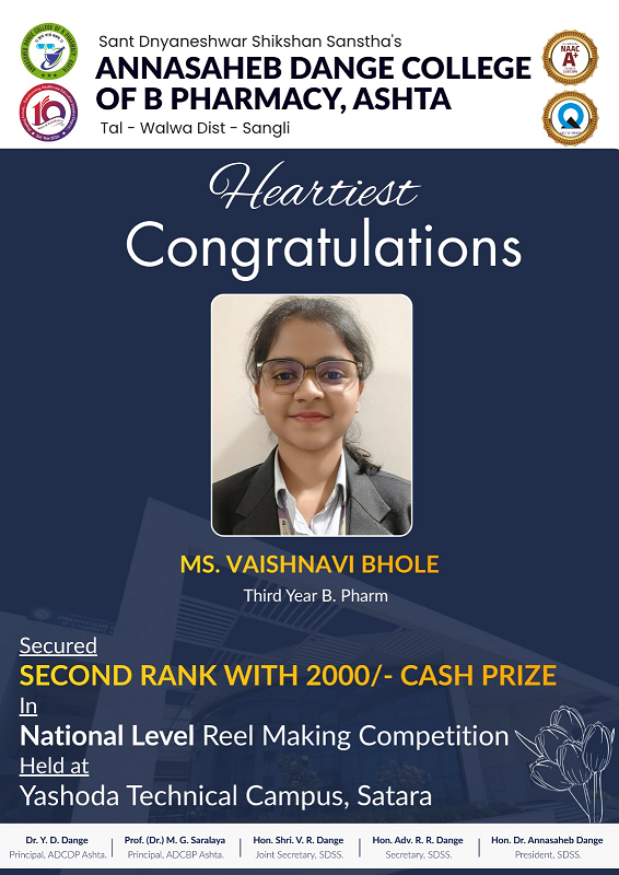 Heariest Congratulations to Ms, Vaishnavi Bhole Secured Second Rank In National Level Reel making Competition