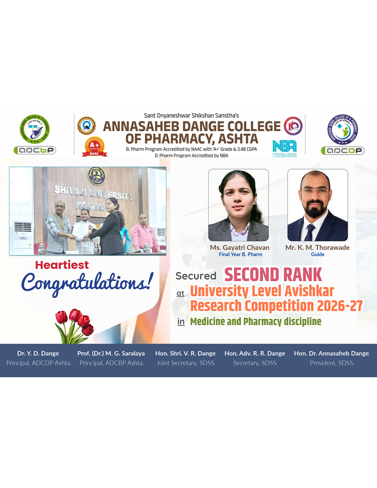 HEARTIEST CONGRATULATIONS Ms. Gayatri Chavan on securing SECOND RANK at the University Level Avishkar Research Competition 