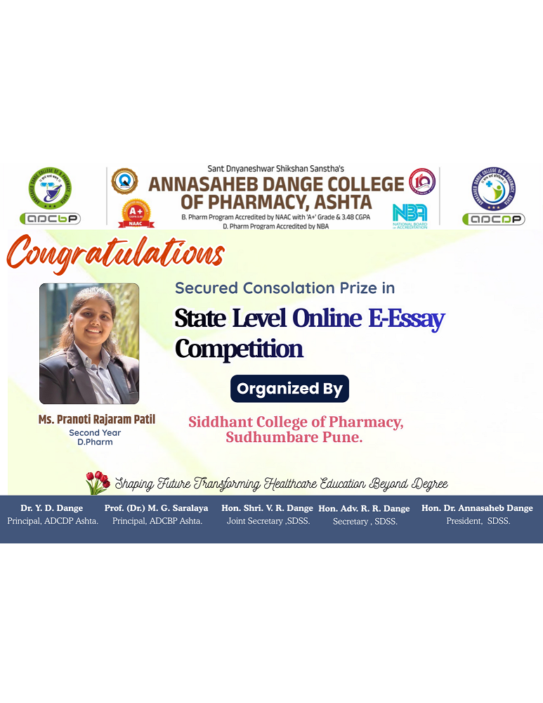 Ms. Pranoti Patil Wins Consolation Prize at State Level Online E-Essay Competition!